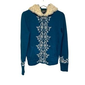 Vintage Lucky brand M zip sweatshirt fur trim hoodie Y2K embroidered boho hippie